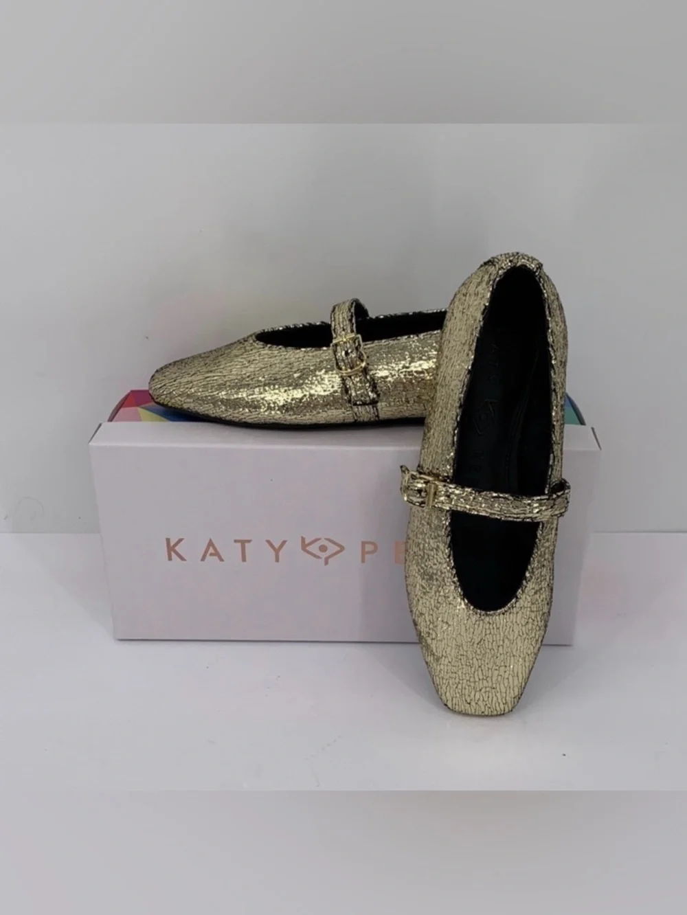 Katy Perry Evie maryjane flat shoe gold metallic crinkle vegan buckle new 9